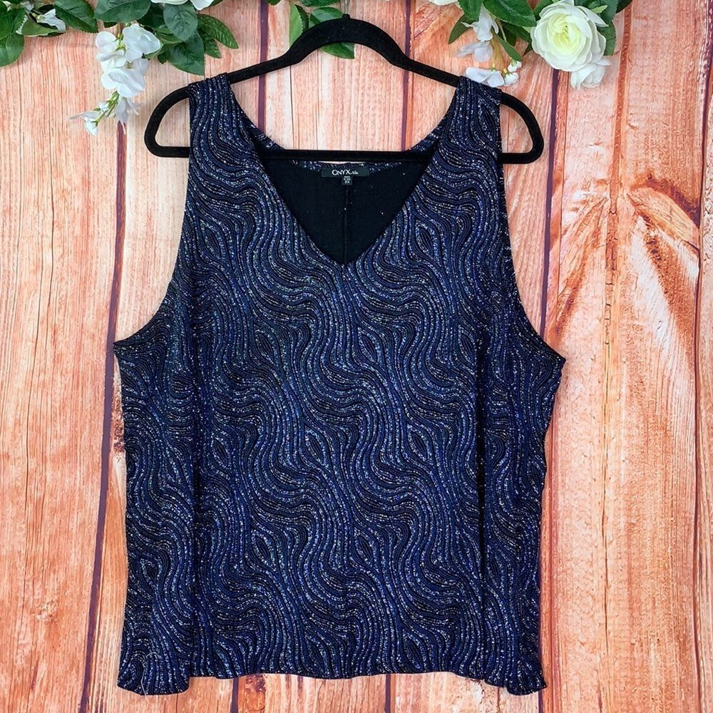 Onyx Nite Blue Glitter Dressy Holiday Sparkle Blouse Top 1755